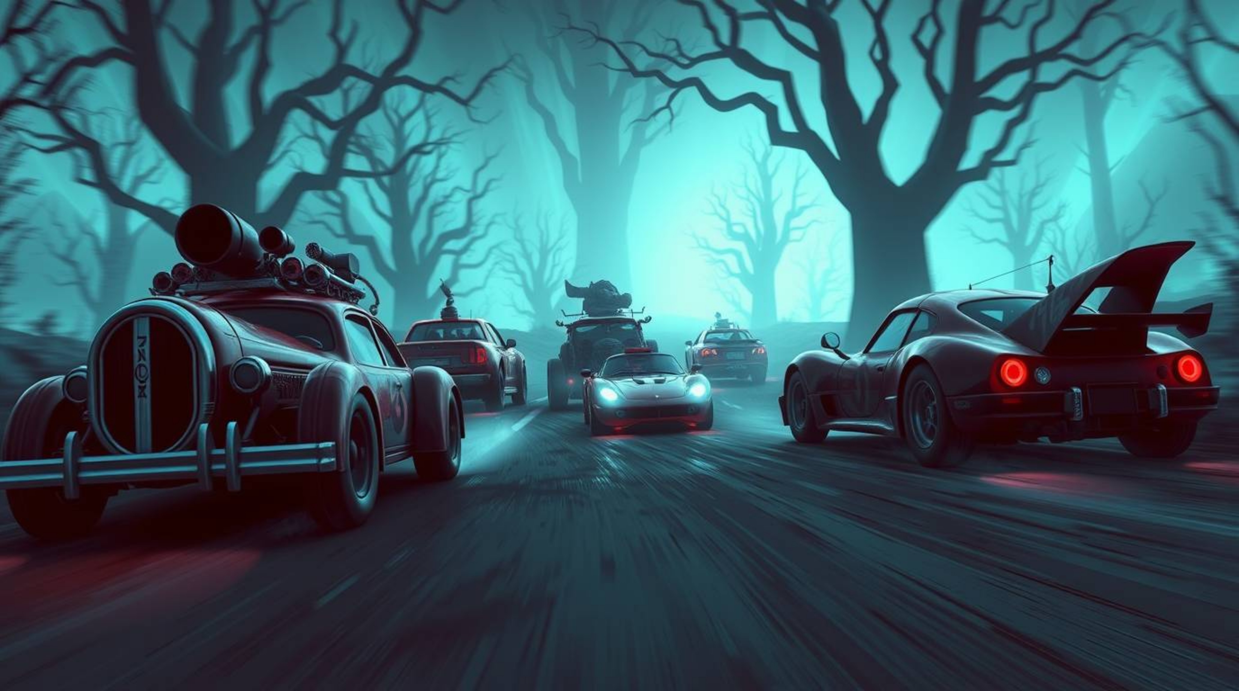 Experience a truly unique and captivating racing scene featuring wacky cars speeding through a mystic and enchanting environm