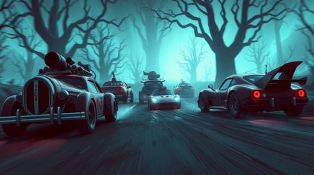 Experience a truly unique and captivating racing scene featuring wacky cars speeding through a mystic and enchanting environm