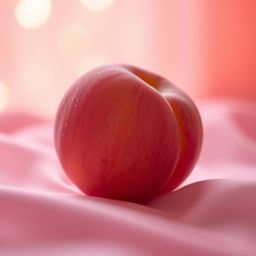 A warm and inviting close-up image featuring a soft, blushing pink peach resting on silky pastel pink fabric. The image evoke