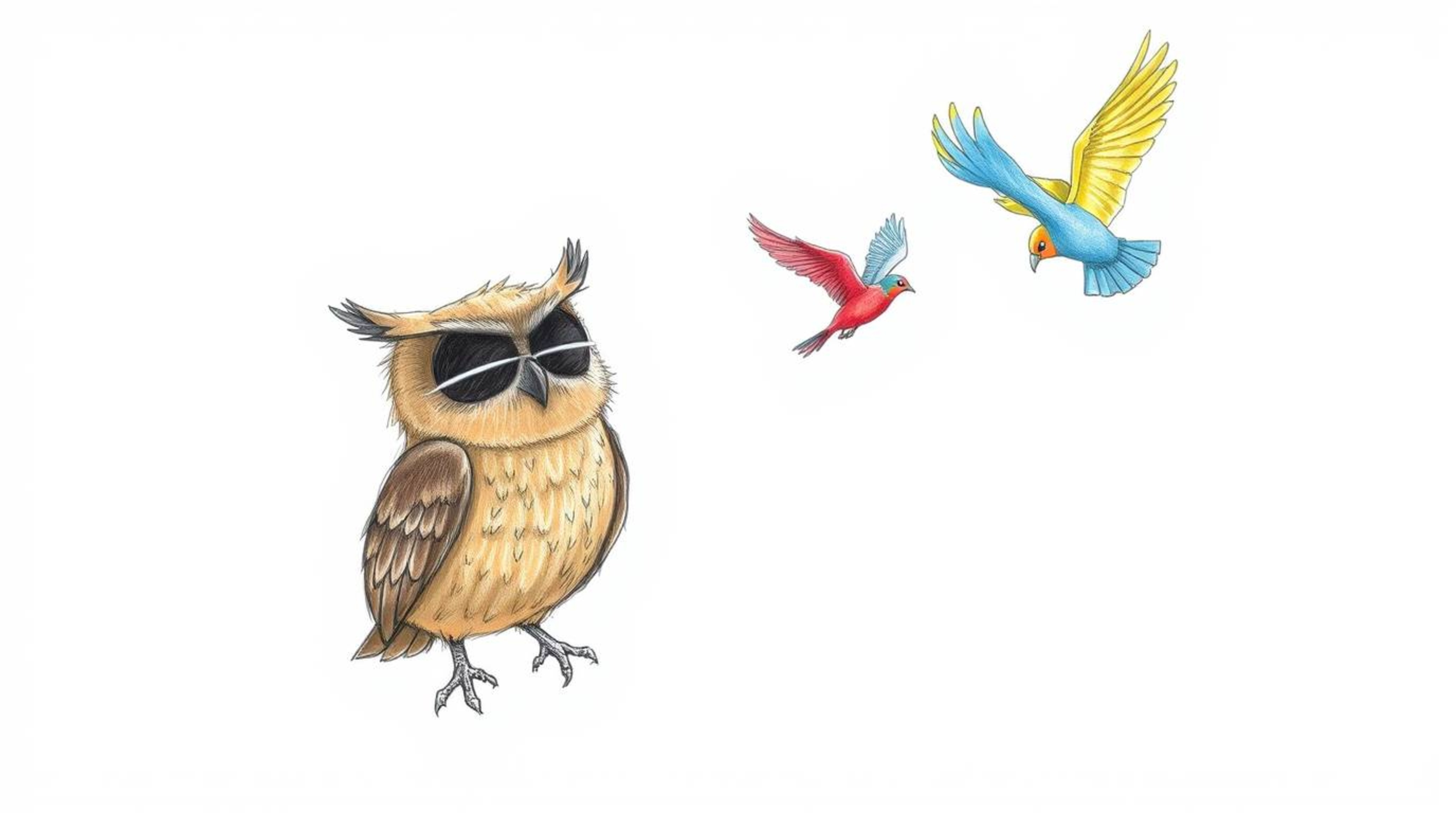 A heartwarming Pixar-style hand-drawn sketch depicts a blind brown owl with soft feathers, gracefully guiding colorful birds