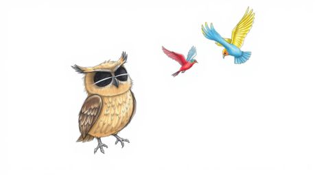 A heartwarming Pixar-style hand-drawn sketch depicts a blind brown owl with soft feathers, gracefully guiding colorful birds 