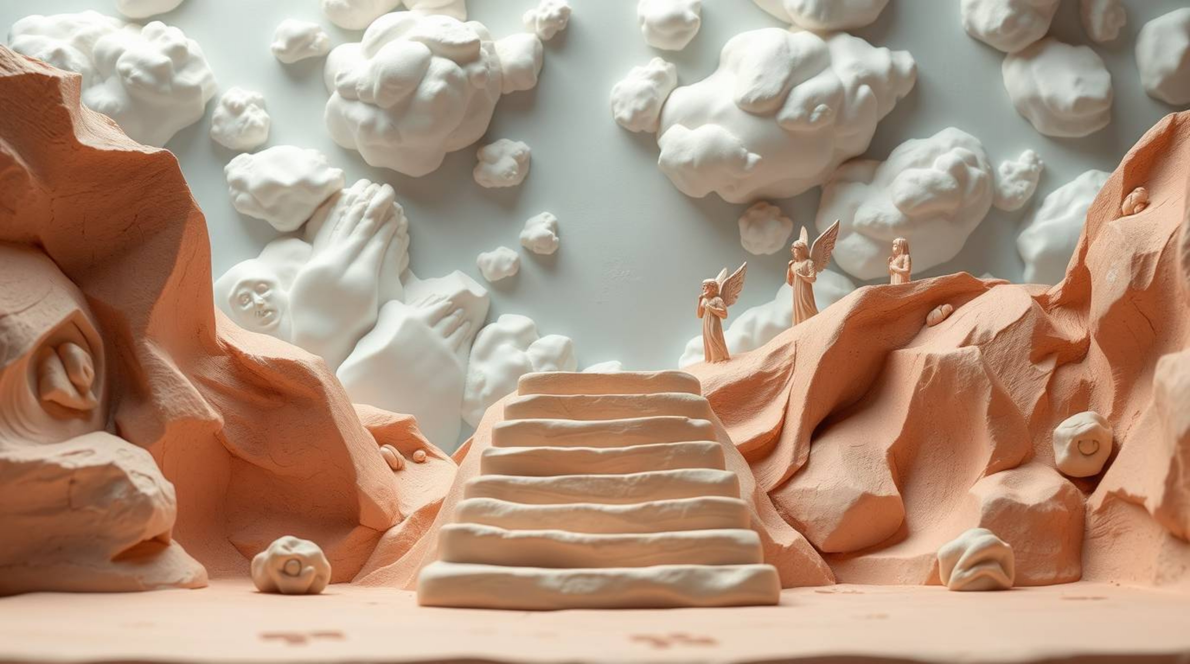 Experience a dreamlike and peaceful sculptural clay art piece featuring light steps ascending into a cloudy sky. Angelic figu