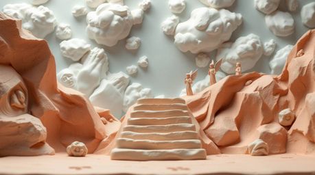 Experience a dreamlike and peaceful sculptural clay art piece featuring light steps ascending into a cloudy sky. Angelic figu
