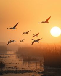 A cinematic style image depicting golden hour in the wetlands with herons flying. This photograph is characterized by its smo