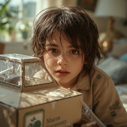 Exquisite high fashion photography captures a young boy with messy brown hair and bright, curious eyes, deeply engrossed in b