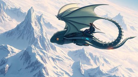 Experience a stunning futuristic sci-fi illustration showcasing a magnificent dragon and its rider soaring above breathtaking
