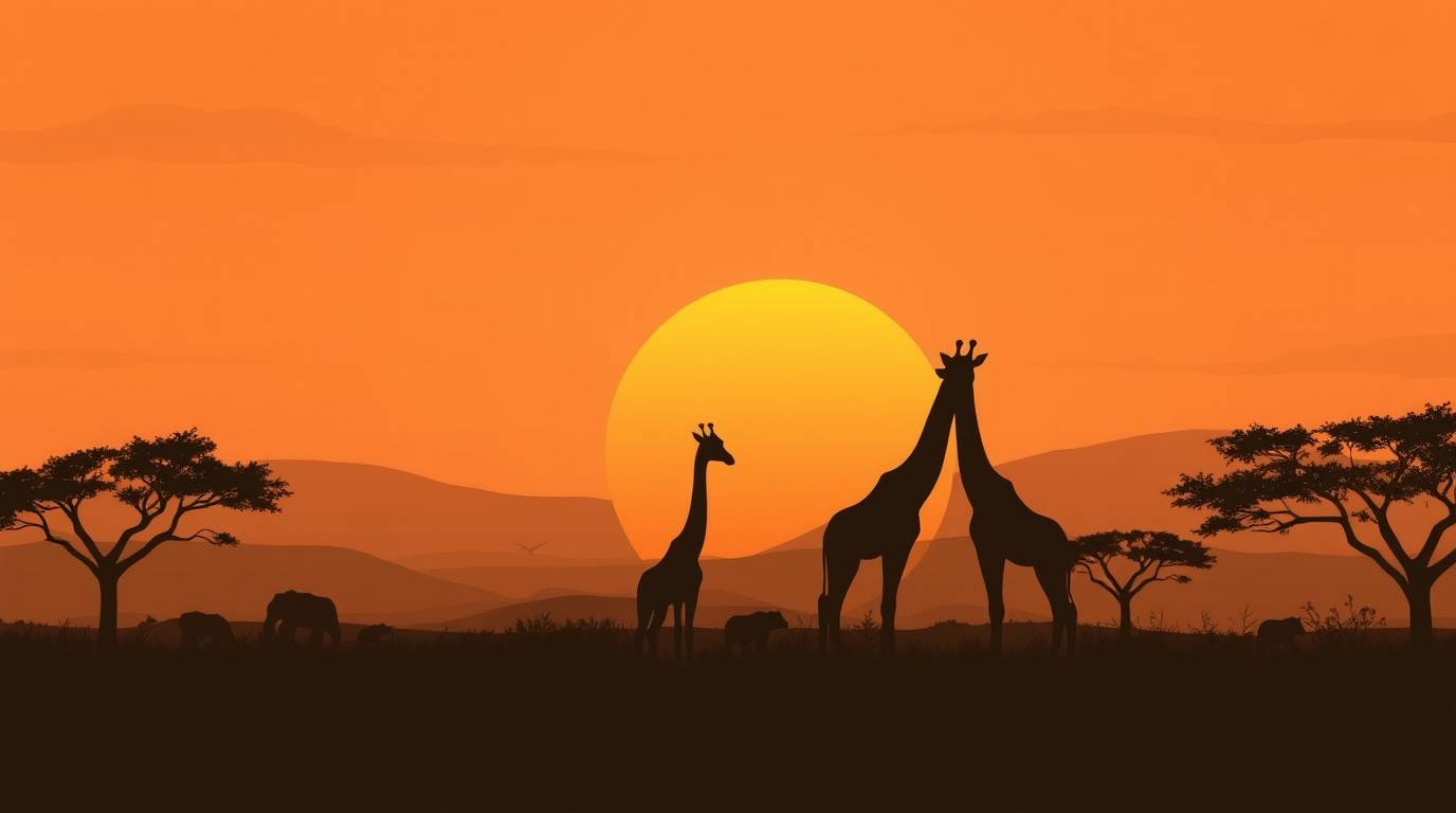 Experience the serene beauty of a charming sunset savanna scene featuring silhouetted giraffes. This artwork is rendered in n