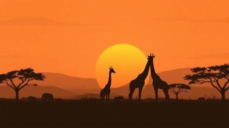 Experience the serene beauty of a charming sunset savanna scene featuring silhouetted giraffes. This artwork is rendered in n