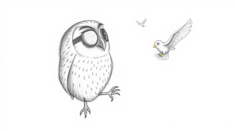 A hand-drawn sketch in the style of Pixar animation depicts a blind owl guiding birds in flight. Textured pencil strokes crea