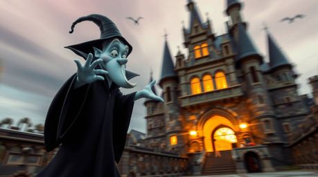 A captivating image of a classic Disney villain casting a spell within the walls of an ancient castle. Employing long exposu
