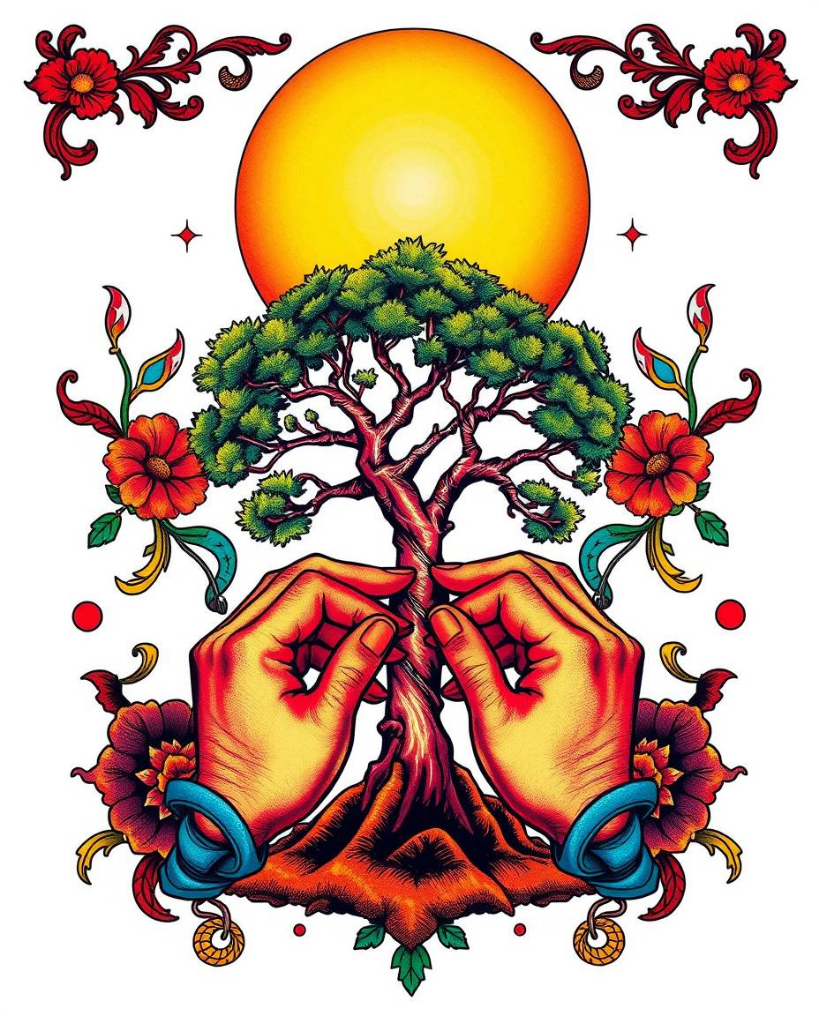 This artwork features a traditional tattoo-style print with a surreal twist, using infrared tones to depict hands planting a 