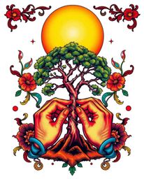 This artwork features a traditional tattoo-style print with a surreal twist, using infrared tones to depict hands planting a 