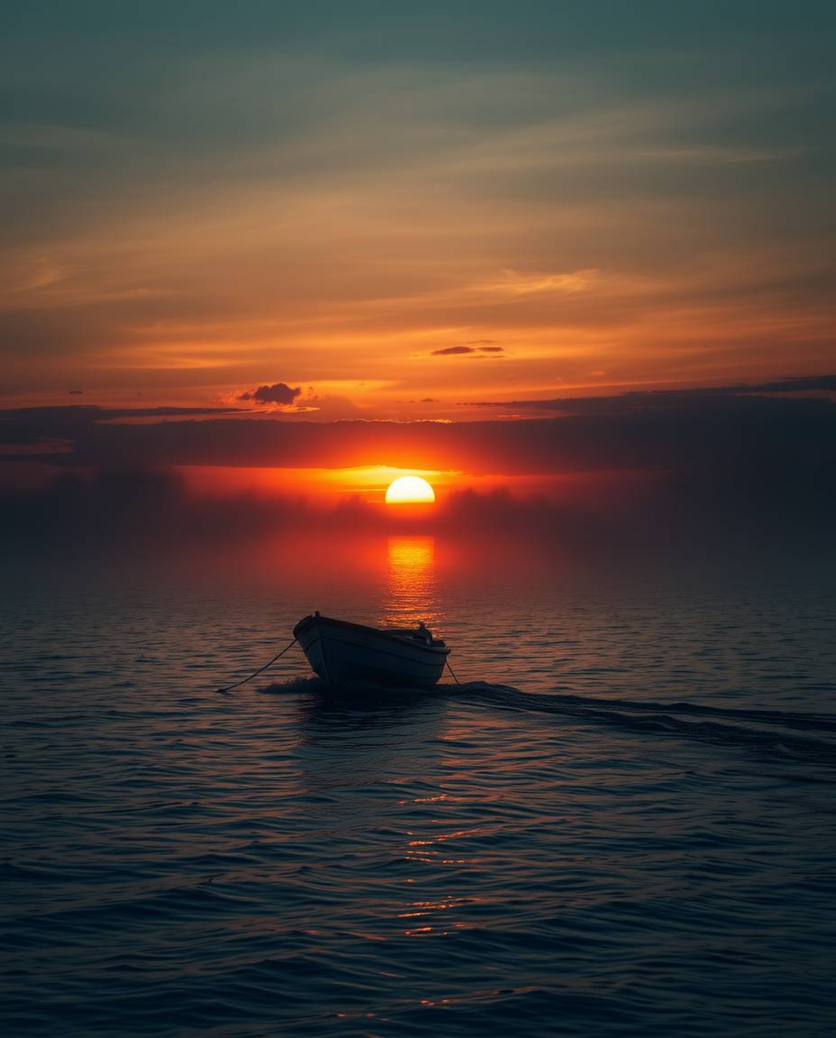 A boat is depicted adrift on a sunset lake, where intense, dramatic lighting creates a scene of high contrast and tension. Th