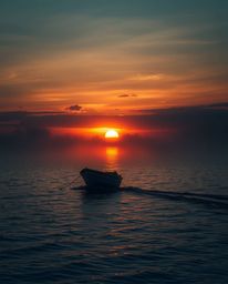 A boat is depicted adrift on a sunset lake, where intense, dramatic lighting creates a scene of high contrast and tension. Th