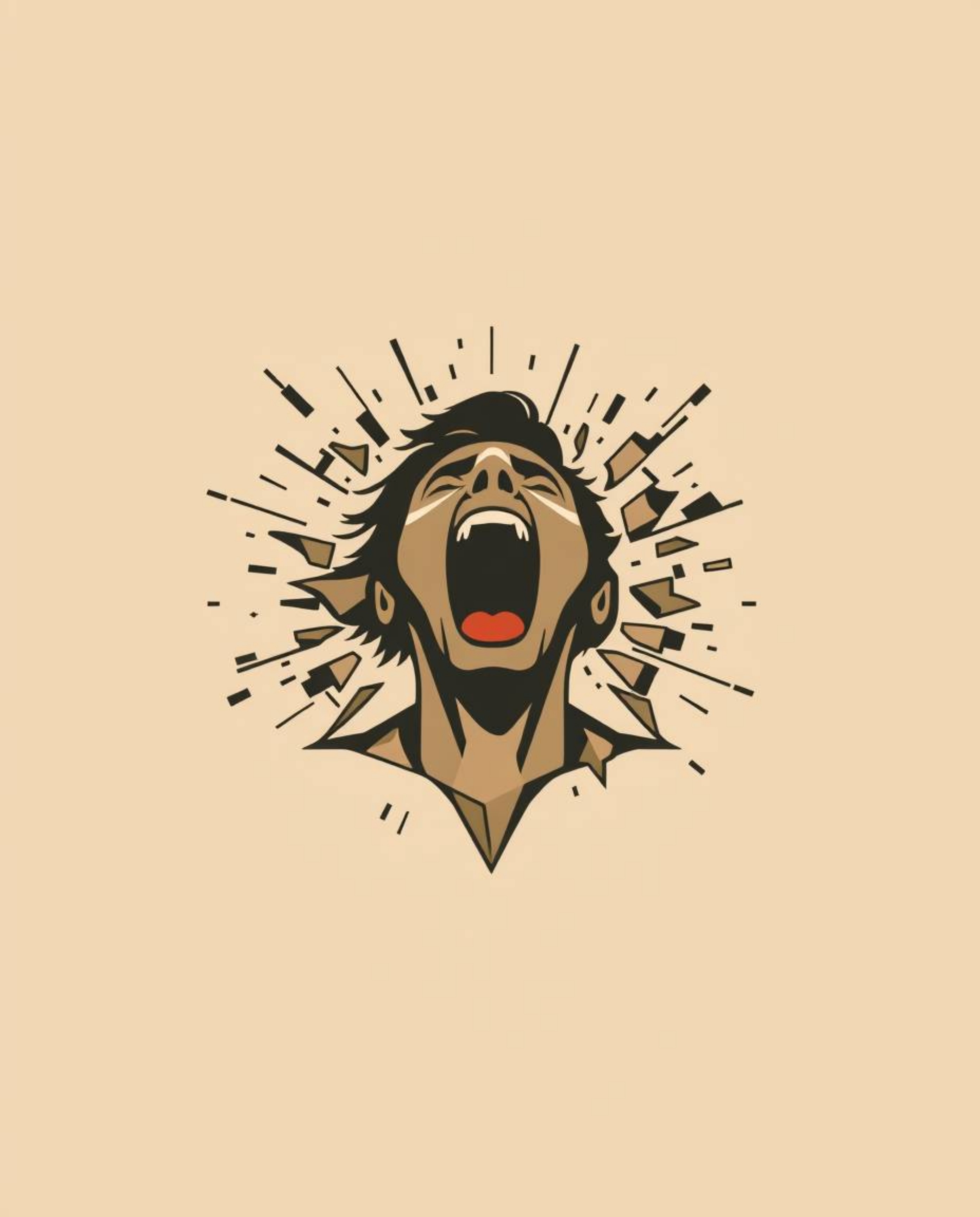 A unique logo design featuring a screaming person amidst a world shattering into pixels.  The design incorporates geometric s