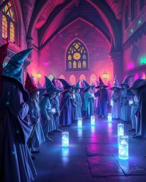 Immerse yourself in a magical school brimming with young wizards, bathed in soft pastel hues and glowing bioluminescent light