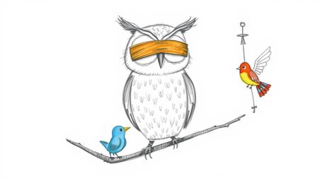 A heartwarming illustration depicts a kind, blind owl with textured pencil strokes, reminiscent of Pixar's whimsical style.  