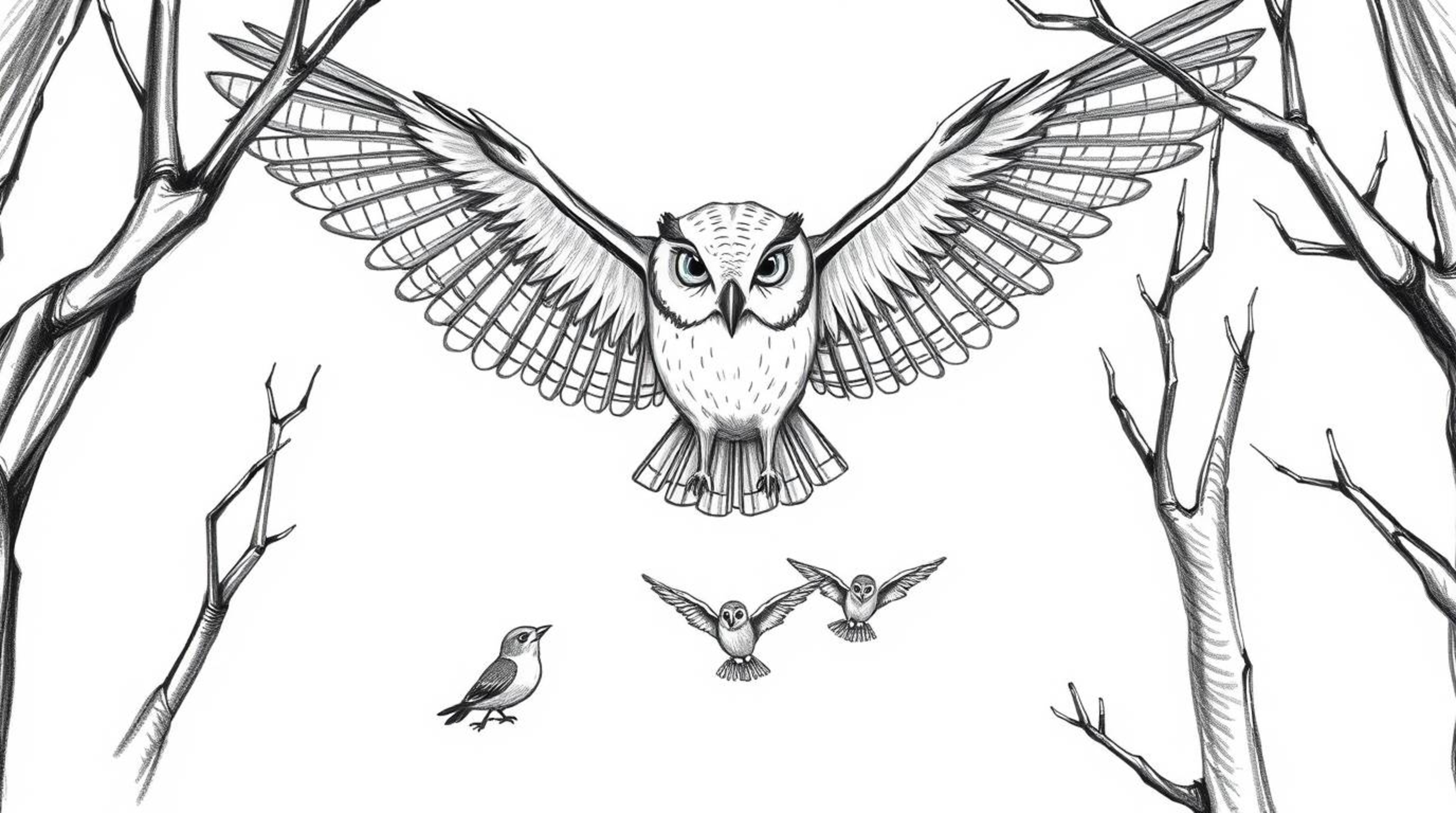 A heartwarming illustration in the style of Pixar, depicting a blind owl gracefully gliding between trees, its wings outstret