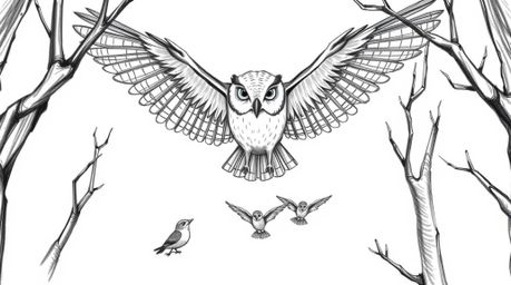 A heartwarming illustration in the style of Pixar, depicting a blind owl gracefully gliding between trees, its wings outstret