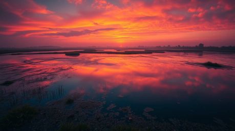 A captivating high-angle perspective showcases a calm pond mirroring a vibrant sunset, creating a dreamlike atmosphere filled