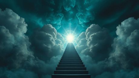 A surreal stairway winds through smoky clouds towards a celestial light against a rich, deep teal stormy sky. High tension an