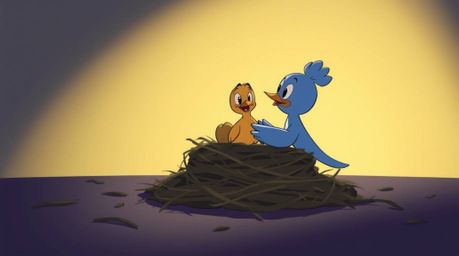A charming scene of two cartoon birds diligently building their nest, rendered in a classic animation style.  The image featu