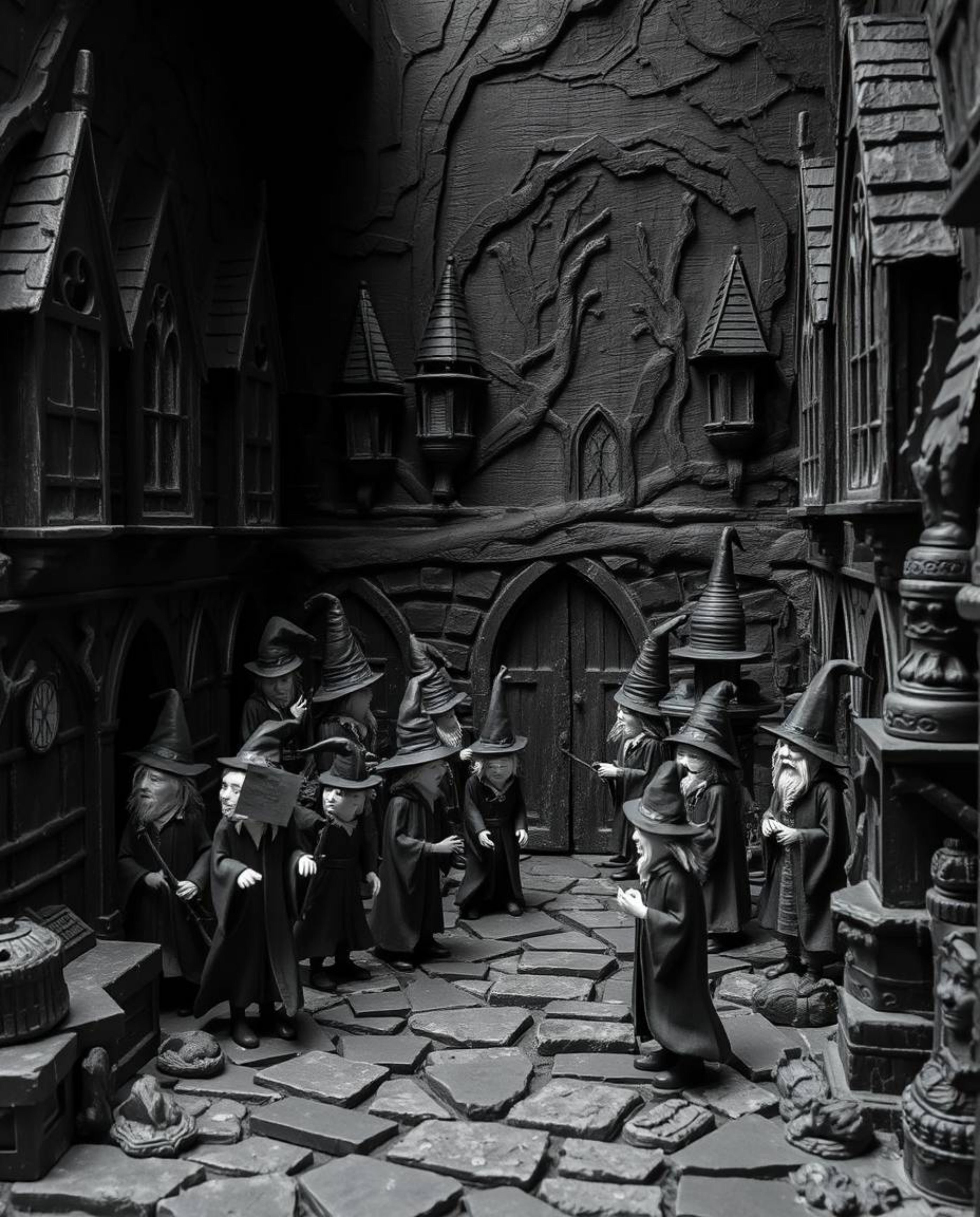 Explore a magical school brought to life through the intricate art of layered papier-mâché. This black and white depiction of