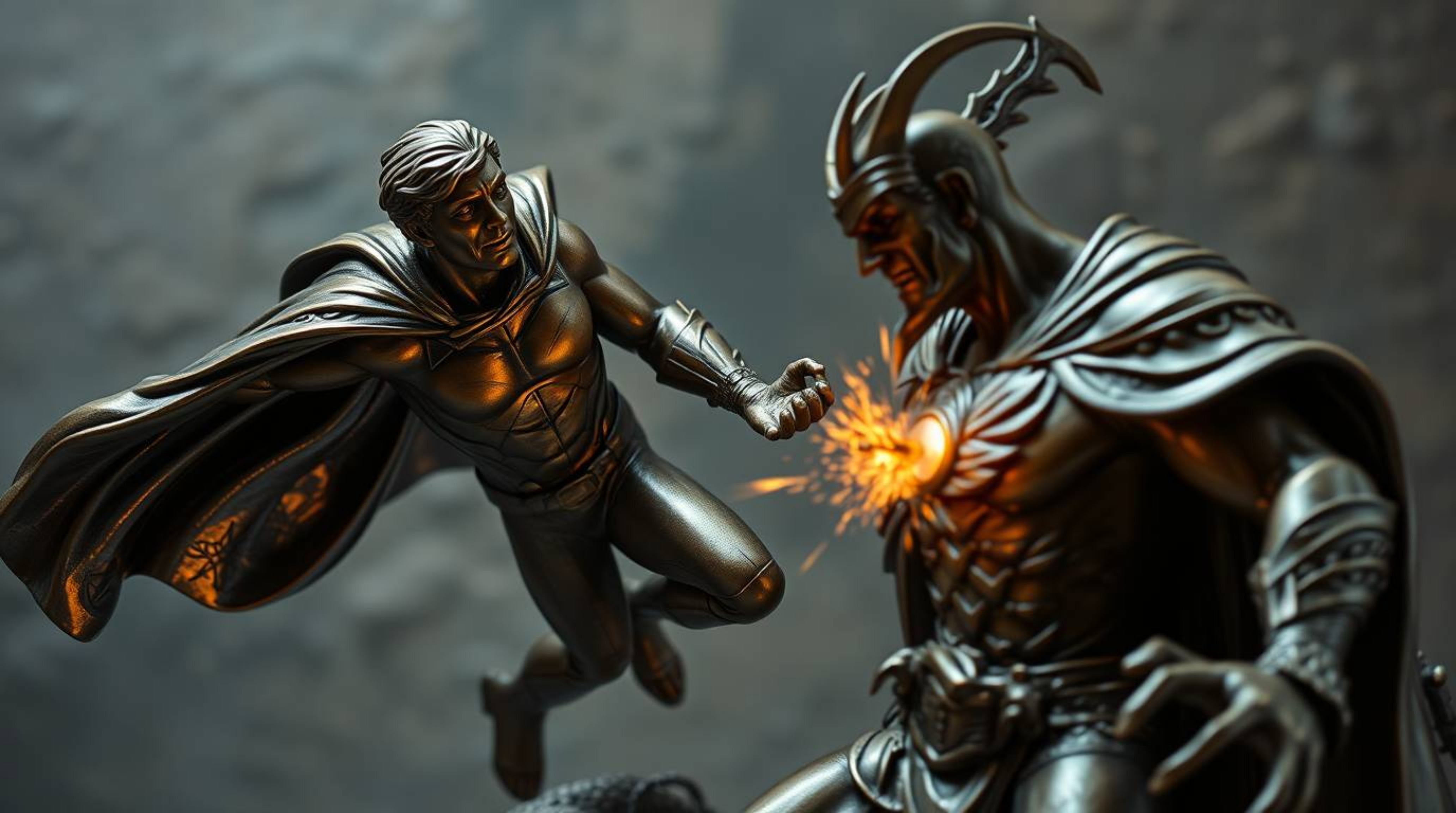 A captivating bronze sculpture depicting a superhero in a cape battling a comical villain.  The piece exudes a mystical and e