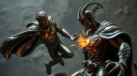 A captivating bronze sculpture depicting a superhero in a cape battling a comical villain.  The piece exudes a mystical and e