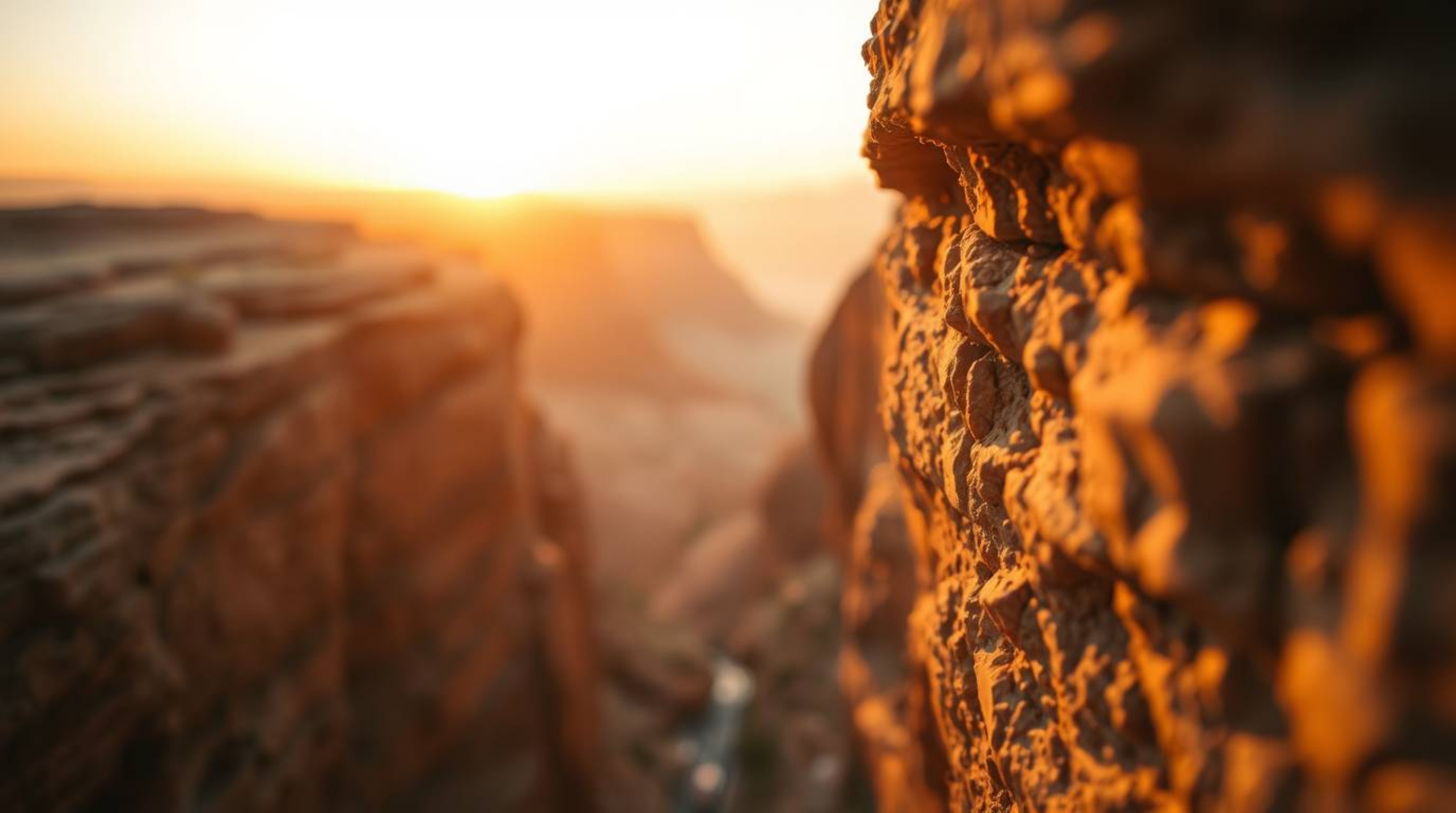 Explore the breathtaking details of a rocky canyon under the warm glow of sunset. This extreme macro close-up captures the st