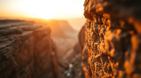 Explore the breathtaking details of a rocky canyon under the warm glow of sunset. This extreme macro close-up captures the st