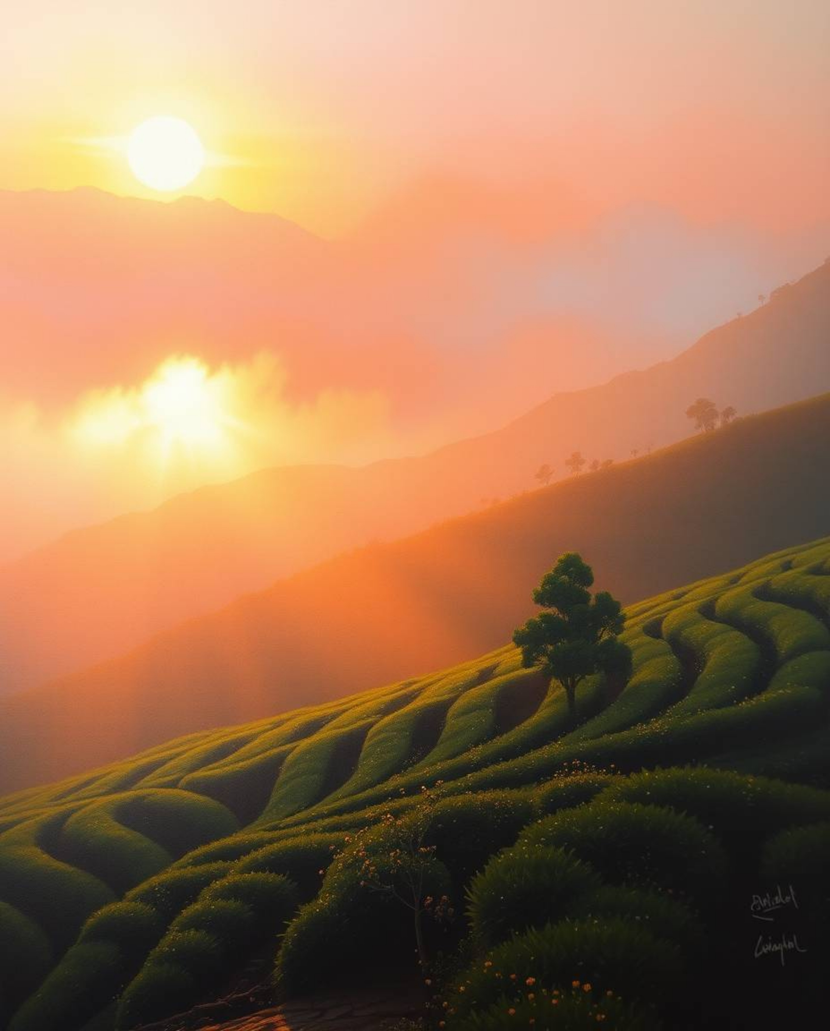 An oil painting depicting a sunset over terraced tea plantations, creating a soft, dreamy atmosphere. The scene is enhanced b