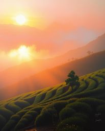 An oil painting depicting a sunset over terraced tea plantations, creating a soft, dreamy atmosphere. The scene is enhanced b