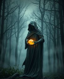 A captivating scene featuring a cloaked figure holding a glowing orb within a misty forest setting, rendered under intensely 