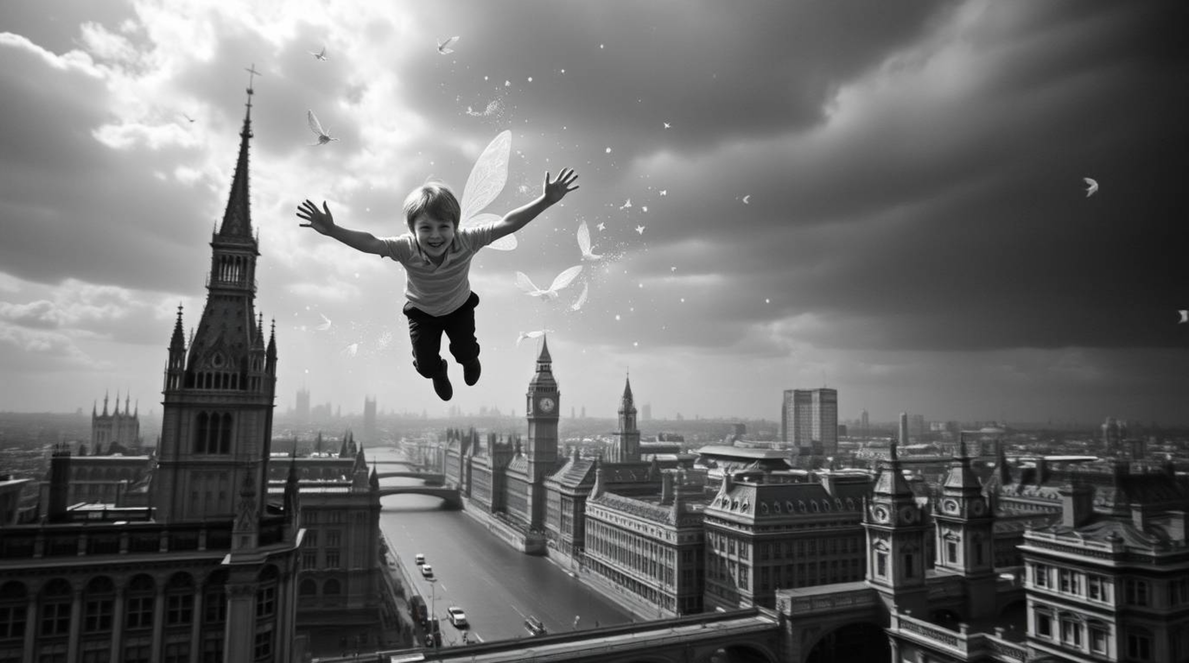 This classic black and white, dreamlike surreal image captures the whimsical scene of a young boy flying above London with th