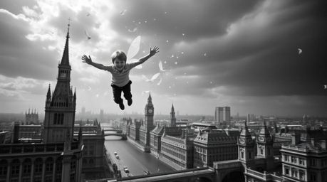 This classic black and white, dreamlike surreal image captures the whimsical scene of a young boy flying above London with th