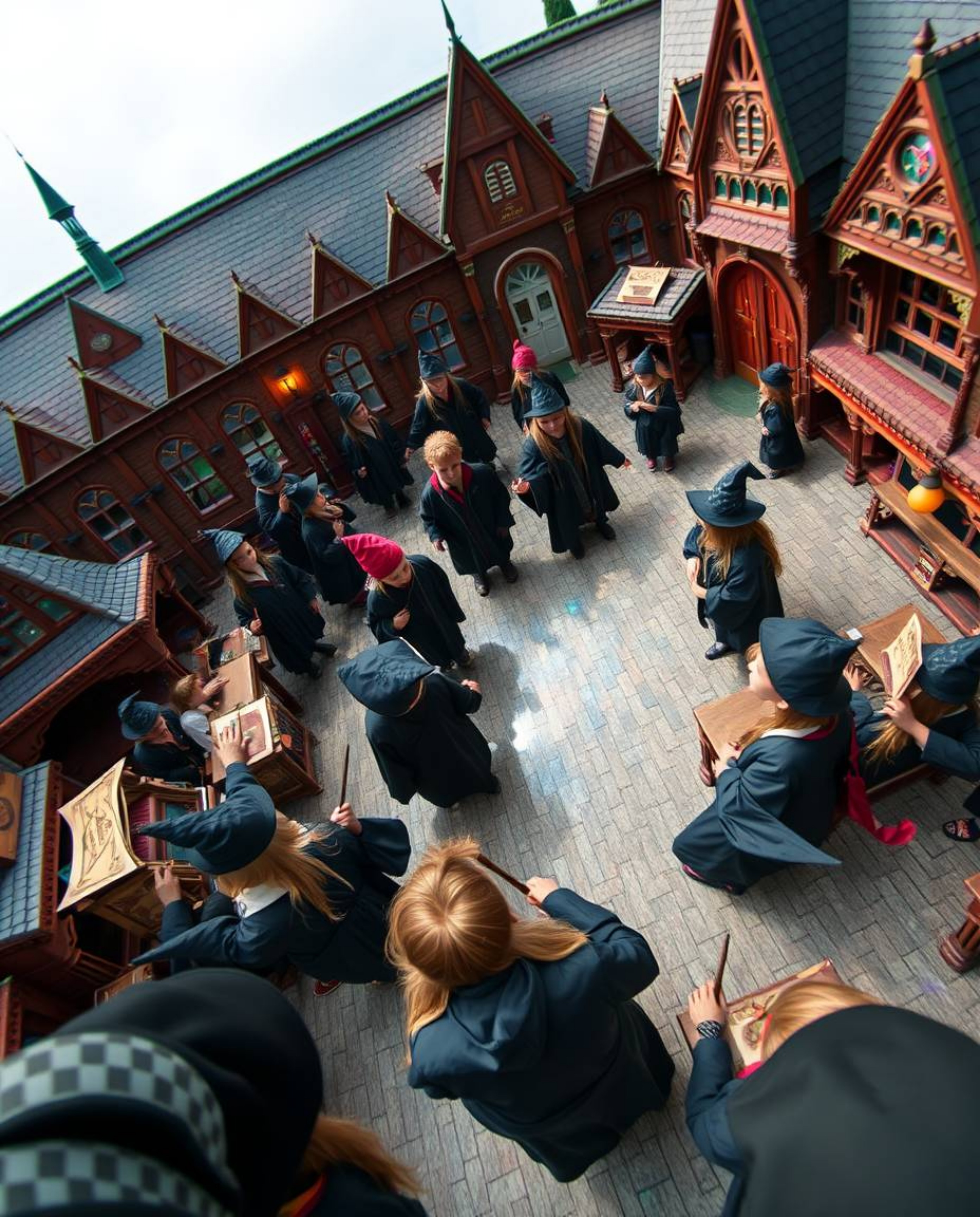 Experience a breathtaking bird's eye view of a magical school teeming with young wizards, captured in a state of flow. This s