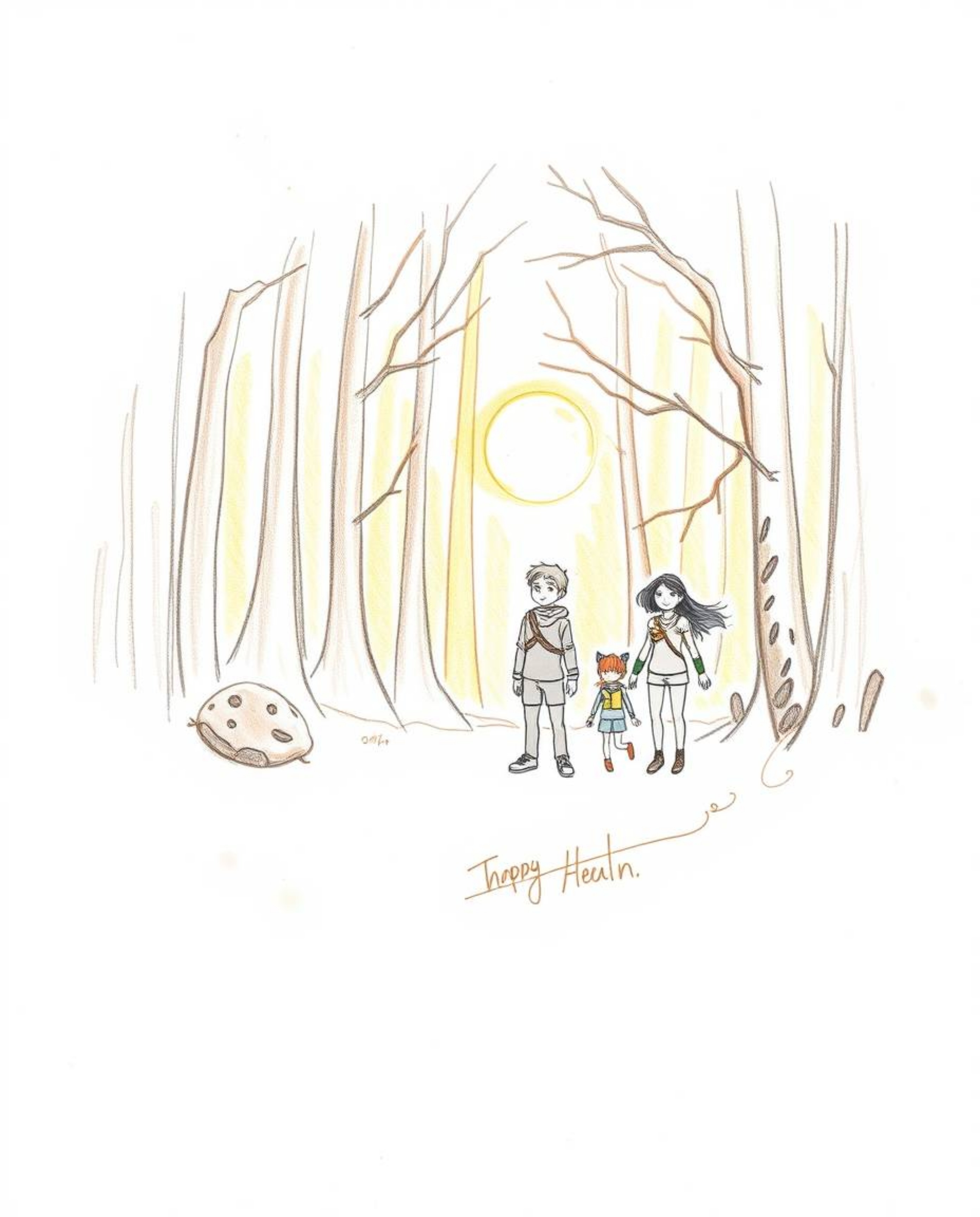 A hand-drawn sketch bathed in the warm glow of golden hour light depicts a group of friends with unique powers adventuring th