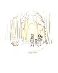 A hand-drawn sketch bathed in the warm glow of golden hour light depicts a group of friends with unique powers adventuring th
