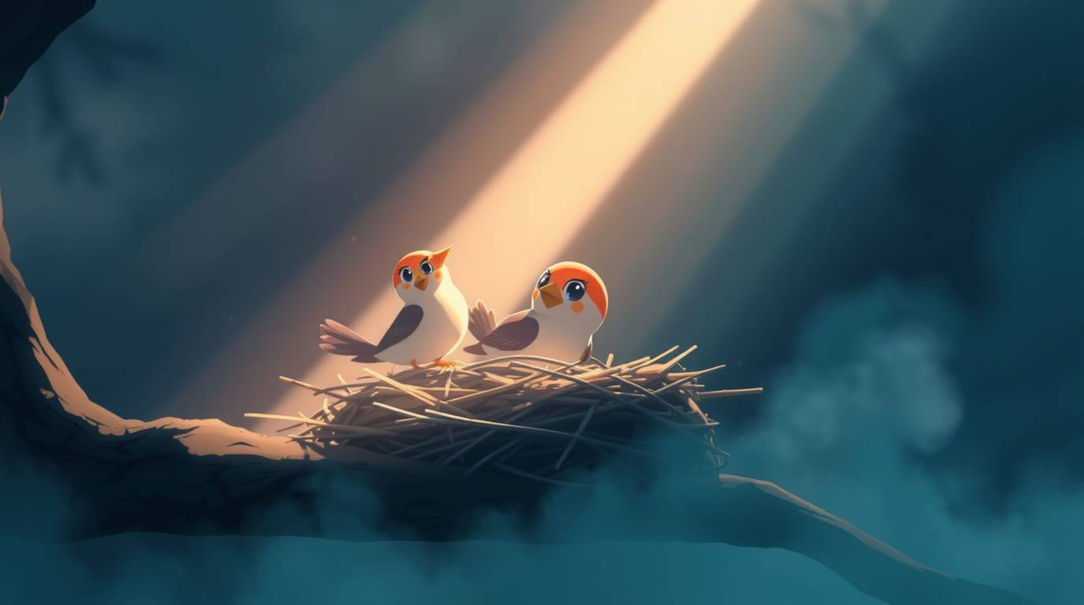 A captivating illustration in the style of isekai anime features two expressive cartoon birds diligently constructing a nest.