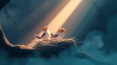A captivating illustration in the style of isekai anime features two expressive cartoon birds diligently constructing a nest.