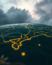 An intense close-up reveals a glowing map projected in the air within a dimly lit, old study.  The scene is dramatically heig