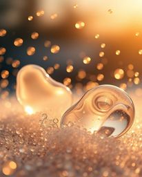 A stunning photograph capturing glassy, fluid 3D shapes in dynamic motion, enveloped by a mesmerizing array of glowing partic