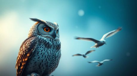 A captivating long exposure photograph in a cinematic style depicts a wise, proud, and blind owl, rendered in the charming Pi
