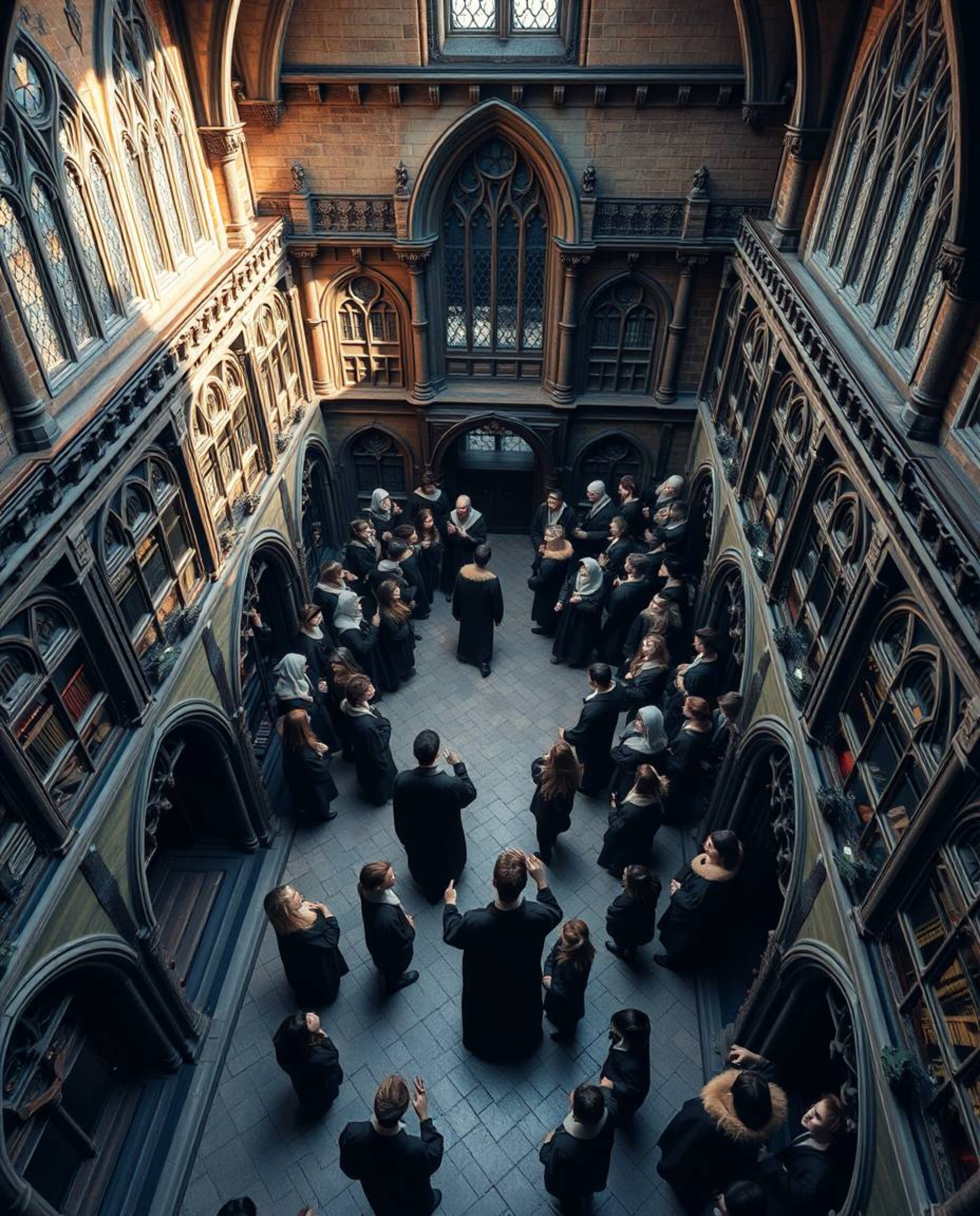 Discover a captivating high-angle stock photo of a magical school brimming with young wizards. This high-resolution image off