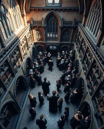 Discover a captivating high-angle stock photo of a magical school brimming with young wizards. This high-resolution image off