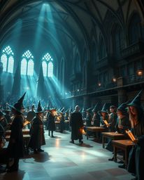 Immerse yourself in a magical school overflowing with young wizards, depicted in a massive and heroic scene. The soft pastel 