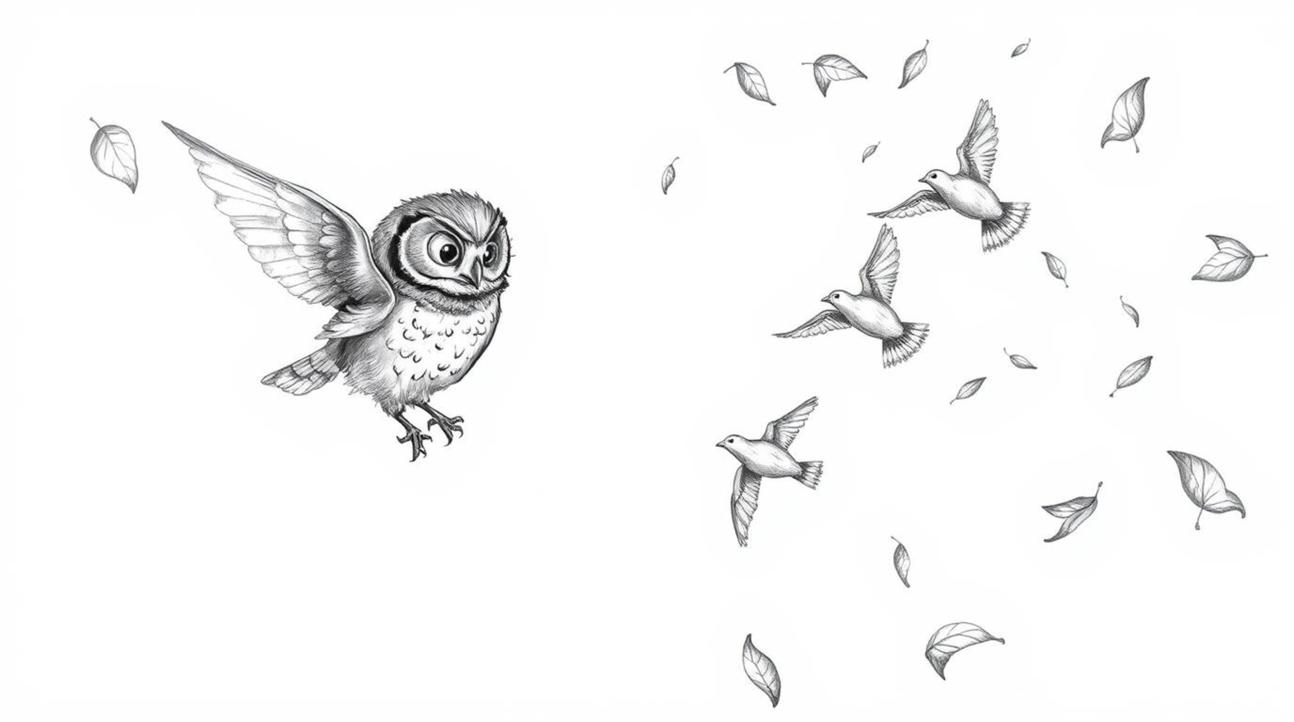 A Pixar-inspired, hand-drawn sketch depicts a blind owl, with meticulously detailed wrinkles and feathers, patiently instruct