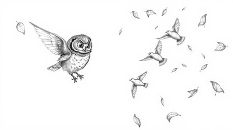 A Pixar-inspired, hand-drawn sketch depicts a blind owl, with meticulously detailed wrinkles and feathers, patiently instruct