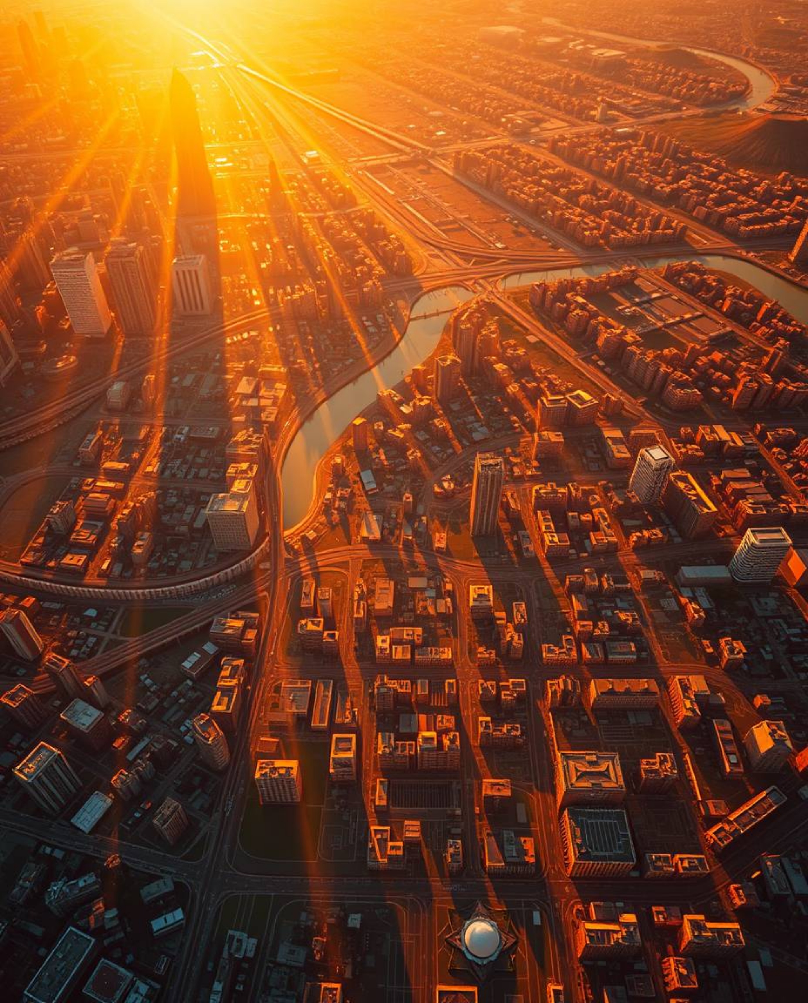 An overhead bird's-eye view reveals an abstract city map constructed from geometric shapes, bathed in warm golden light. This